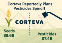 Flat illustration of Corteva splitting into two businesses: a golden corn stalk labeled “Seeds – $9.6B” on the left and a pesticide sprayer labeled “Pesticides – $7.4B,” with the word Corteva dividing down the middle against green fields and a subtle downward stock arrow