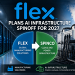 Flex AI infrastructure spinoff graphic showing data center servers, power and cooling systems, and a planned 2027 SpinCo