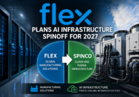 Flex AI infrastructure spinoff graphic showing data center servers, power and cooling systems, and a planned 2027 SpinCo