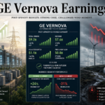 Editorial illustration of GE Vernova post-spinoff earnings showing strong power and electrification demand alongside wind segment losses