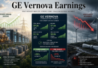 Editorial illustration of GE Vernova post-spinoff earnings showing strong power and electrification demand alongside wind segment losses