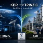Featured image showing KBR separating into Trinzic, with Mission Technology Solutions on one side and Sustainable Technology Solutions on the other, and the spin-off date of January 4, 2027.
