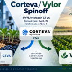 Corteva Vylor spinoff illustration showing the seed and genetics business separating from crop protection, with a Sept. 24 record date and Oct. 1 distribution.