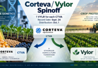 Corteva Vylor spinoff illustration showing the seed and genetics business separating from crop protection, with a Sept. 24 record date and Oct. 1 distribution.