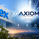 Flex transitioning to Axiom Solutions International, with data center infrastructure representing Axiom’s power, cooling and compute businesses.