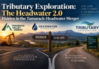 Tributary Exploration spinoff showing the Tamarack-Headwater merger splitting into a larger Clearwater producer and a new exploration company led by the Headwater team.