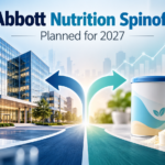 Illustration of Abbott Laboratories’ planned 2027 nutrition business spinoff, showing a healthcare campus separating from infant formula and adult nutrition products.