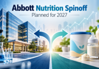 Illustration of Abbott Laboratories’ planned 2027 nutrition business spinoff, showing a healthcare campus separating from infant formula and adult nutrition products.