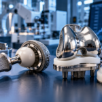 Conceptual illustration of orthopaedic hip and knee implants on a manufacturing workbench.