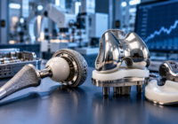Conceptual illustration of orthopaedic hip and knee implants on a manufacturing workbench.