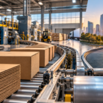 Conceptual illustration of a packaging production line splitting toward industrial and financial destinations.