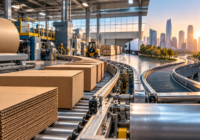 Conceptual illustration of a packaging production line splitting toward industrial and financial destinations.