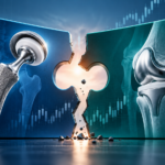 Conceptual illustration of a fractured merger between two orthopaedic implant businesses, featuring hip and knee implants.