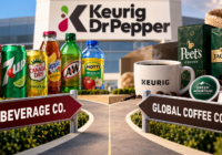 Keurig Dr Pepper spinoff illustration showing Beverage Co. and Global Coffee Co. splitting into two businesses