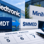 Medtronic to MiniMed split-off graphic showing MDT and MMED with the October 5–7 pricing period.