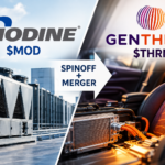 Modine and Gentherm spinoff-and-merger graphic showing $MOD and $THRM with data-center cooling equipment and automotive thermal systems.