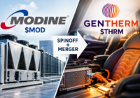 Modine and Gentherm spinoff-and-merger graphic showing $MOD and $THRM with data-center cooling equipment and automotive thermal systems.