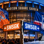 Madison Square Garden with Knicks and Rangers imagery, a championship trophy, and signs pointing to MSGK and MSGR after the spinoff.
