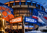Madison Square Garden with Knicks and Rangers imagery, a championship trophy, and signs pointing to MSGK and MSGR after the spinoff.