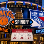 Madison Square Garden with Knicks and Rangers branding, MSGK and MSGR tickers, and the October 2026 Rangers spinoff record, distribution, and trading dates.