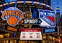 Madison Square Garden with Knicks and Rangers branding, MSGK and MSGR tickers, and the October 2026 Rangers spinoff record, distribution, and trading dates.