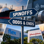 Editorial illustration accompanying StockSpinoffs' October roundup of corporate separations in shipping, industrials, healthcare, and telecommunications.