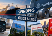 Editorial illustration accompanying StockSpinoffs' October roundup of corporate separations in shipping, industrials, healthcare, and telecommunications.